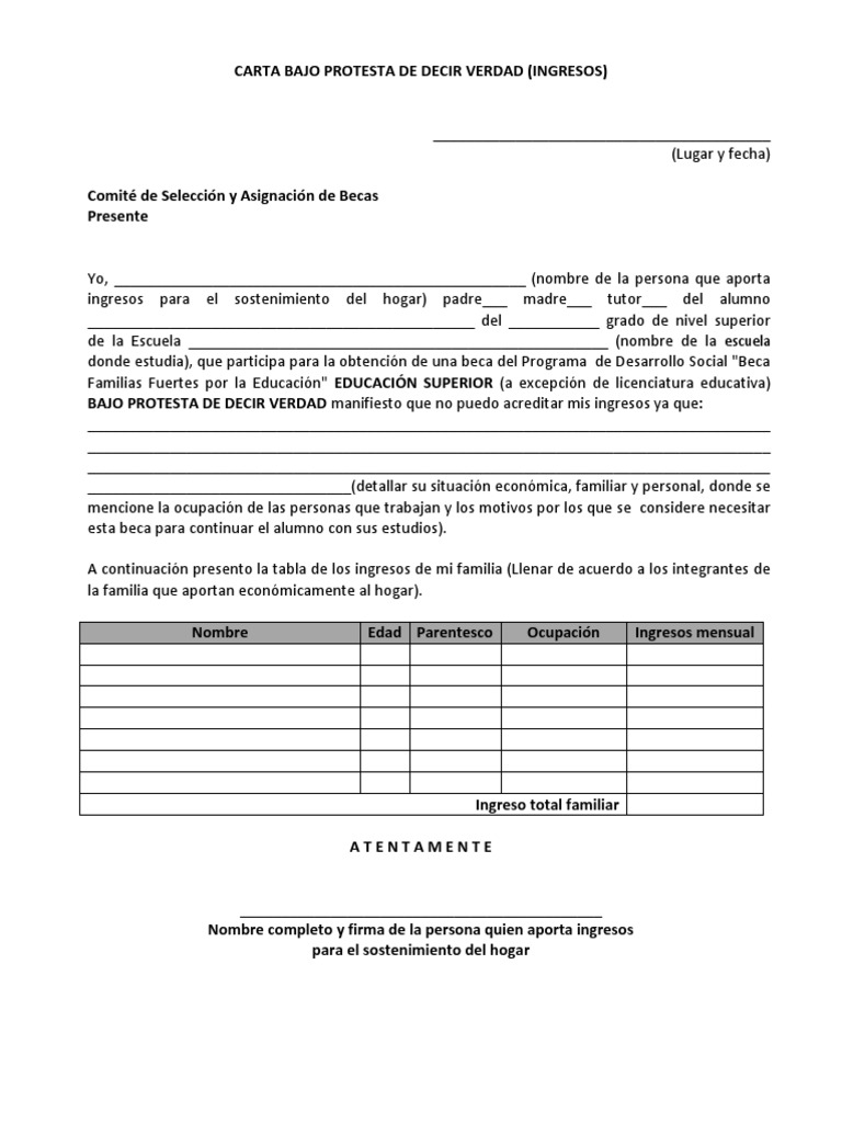 EDUC SUPERIOR Carta Bajo Protesta de Decir Verdad | PDF