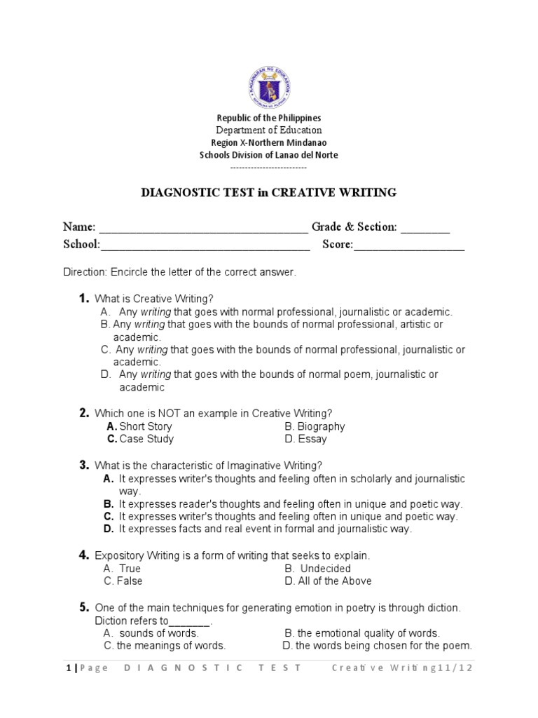 Grade 12 Creative Writing Diagnostic Test | PDF | Poetry | Writing