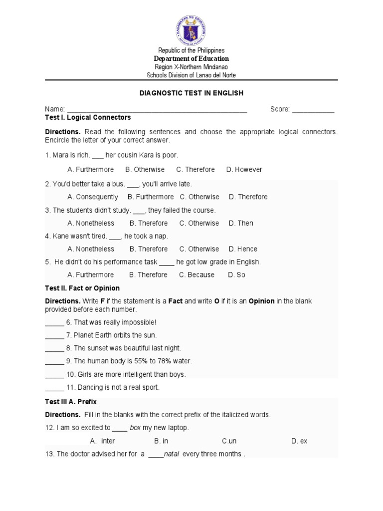 Diagnostic Test English 8 PDF Stress (Linguistics) Narrative