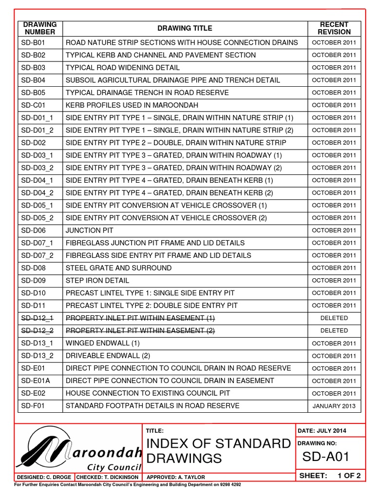 SD-A01 Index of Standard Drawings: Drawing Number Drawing Title Recent ...