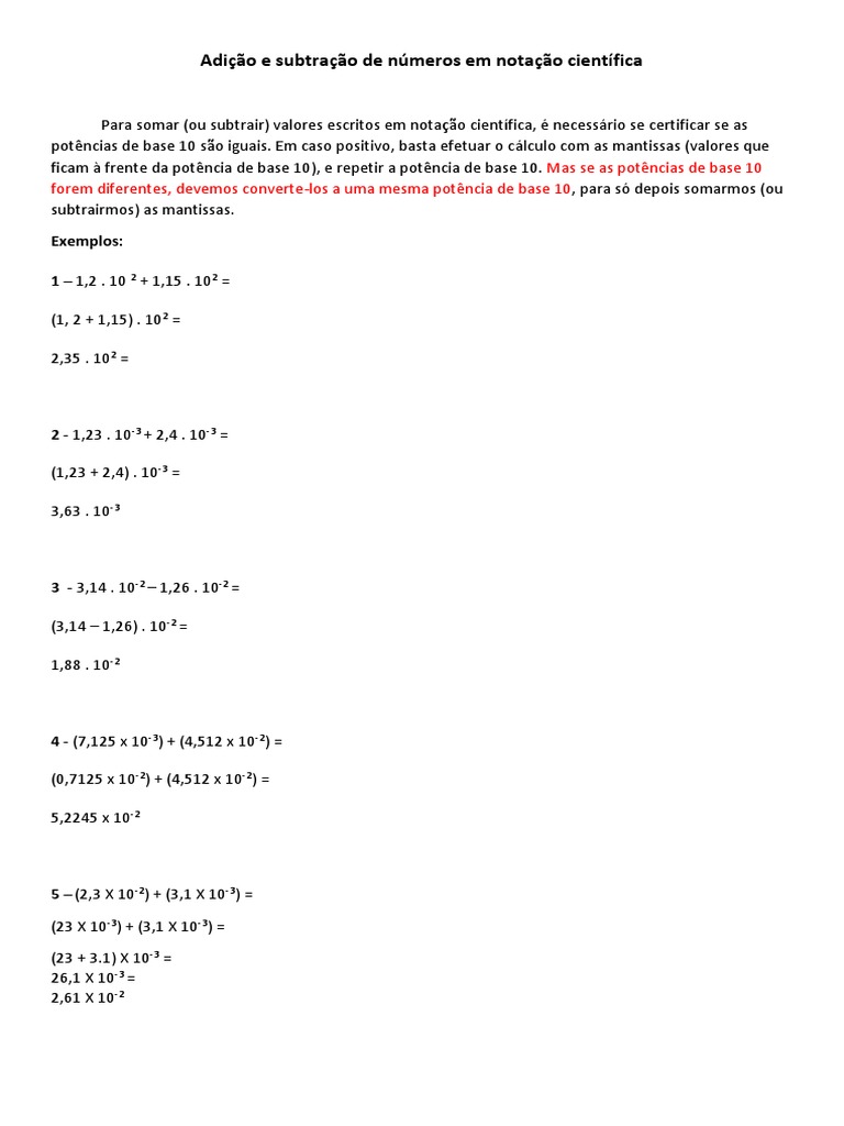 Adição e Subtração de Números em Notação Científica | PDF