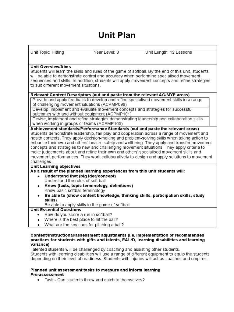 Unit Plan PDF Baseball Field Softball