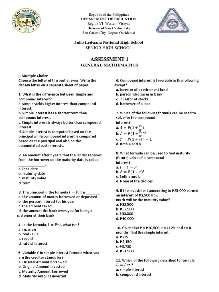 Senior High Math Assessment | PDF | Interest | Compound Interest