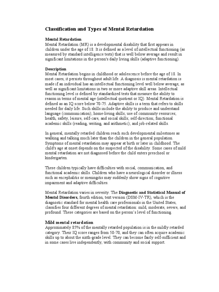 Classification and Types of Mental Retardation Intellectual