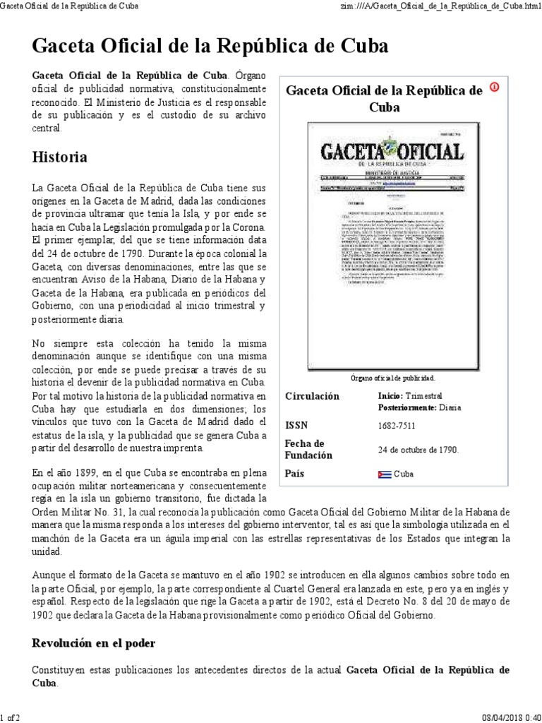 Gaceta Oficial de La República de Cuba PDF Cuba Regulación