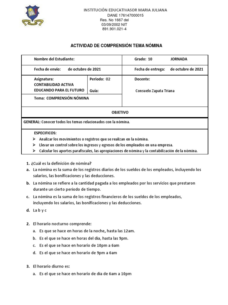 Taller Evaluativo Nomina Grado 10 - Octubre 2021-Ultimo | PDF | Salario |  Contabilidad
