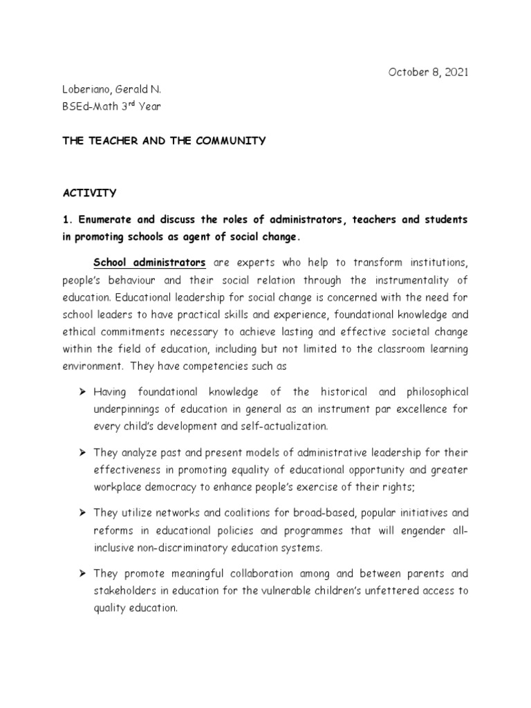 School As Agent of Social Change (Loberiano BSEd-Math 3) | PDF ...