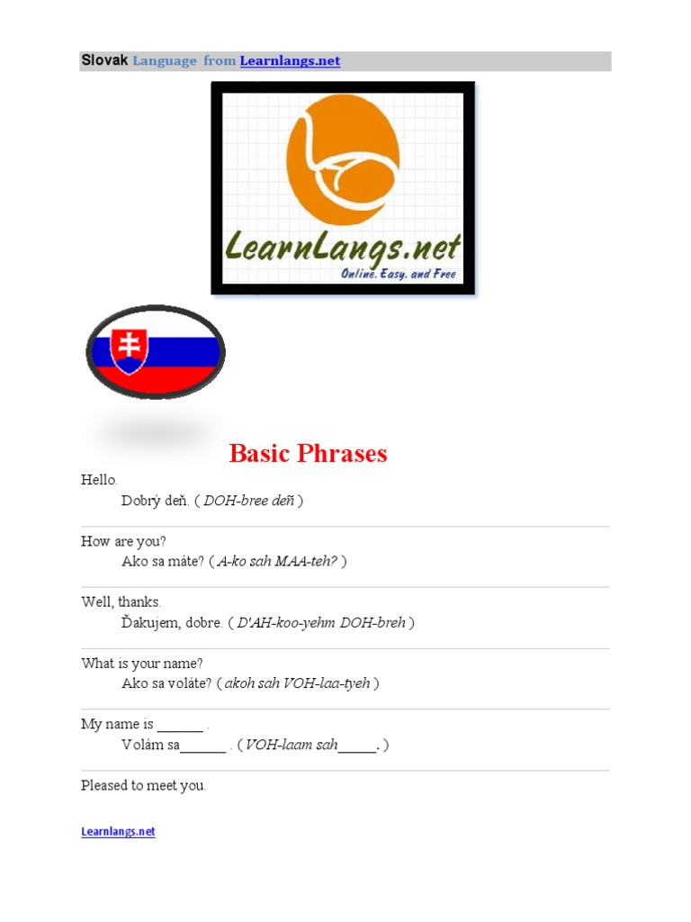 Basic Slovak Language Phrases Guide | PDF | Business