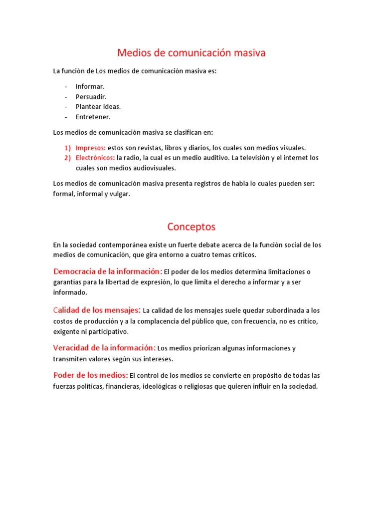 Funciones y Tipos de Medios Masivos | PDF | Medios de comunicación en ...