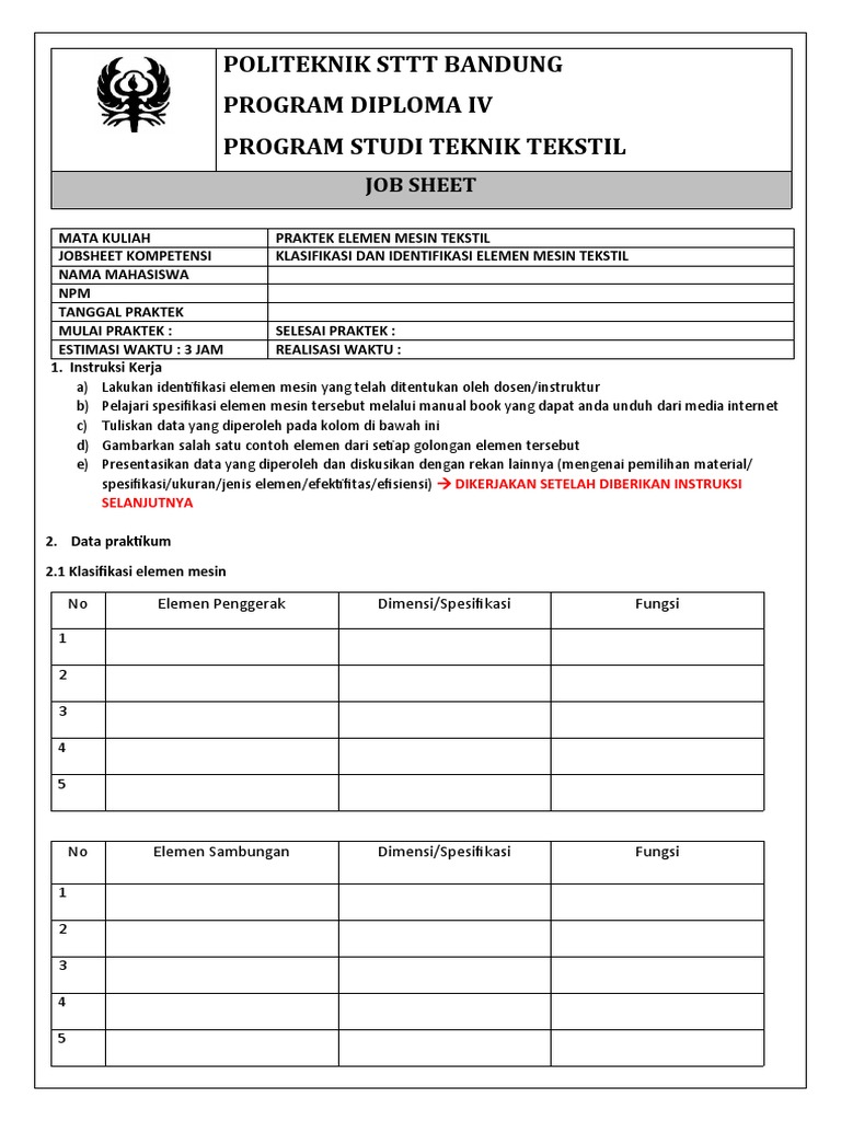 Jobsheet Praktek Mesin Tekstil SMK | PDF