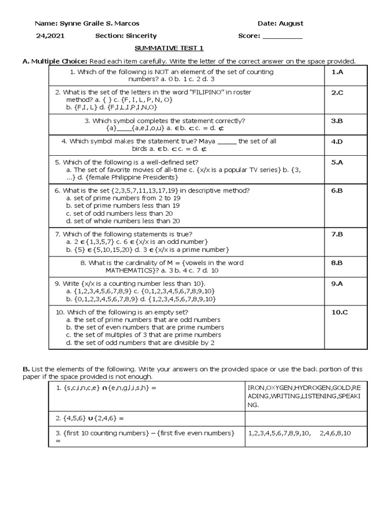 Summative Test On Venn Diagram and Set Operation | PDF | Mathematics ...