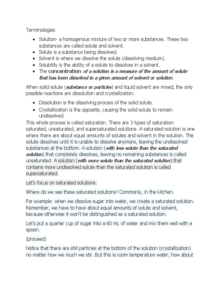 Saturated, Concentrated, Dilute Solutions PDF Solution Solubility