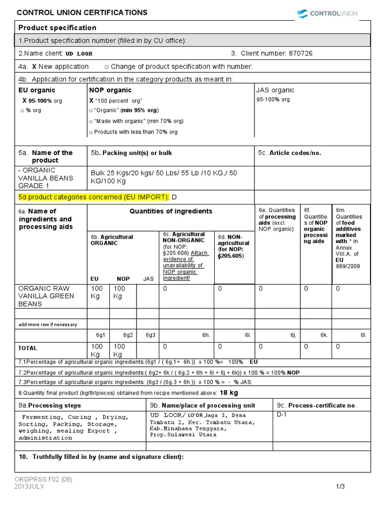 Product Specification Organic Vanilla Beans Grade 1 PDF Foods