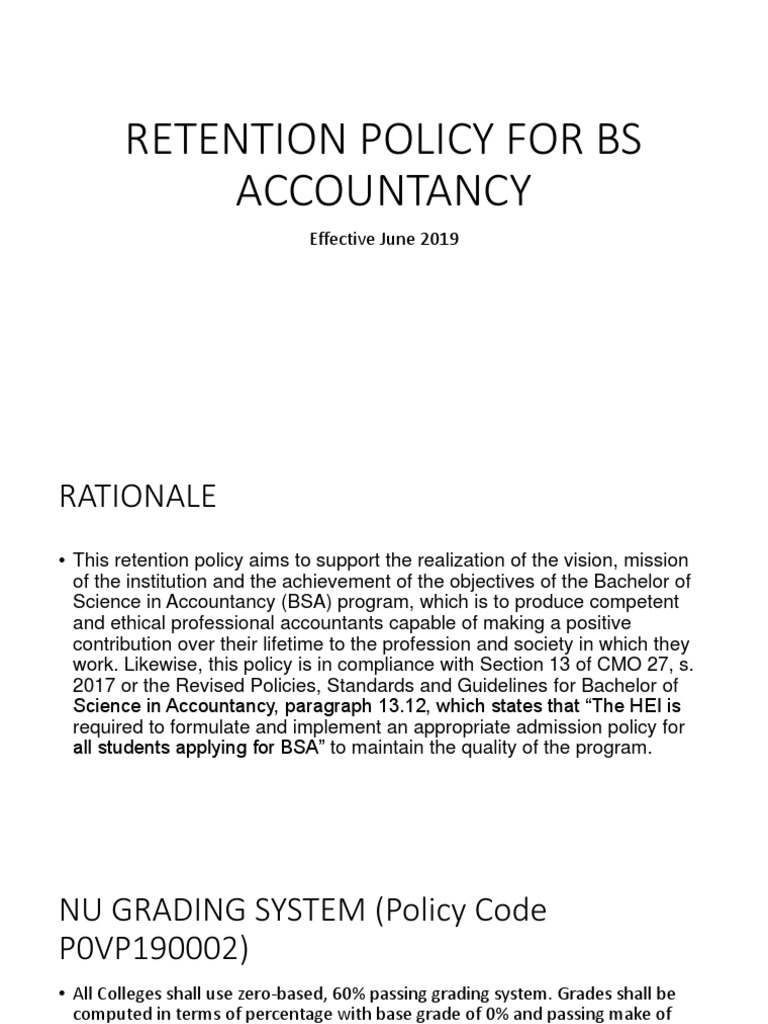 Retention Policy For Bs Accountancy: Effective June 2019 | PDF | Test ...