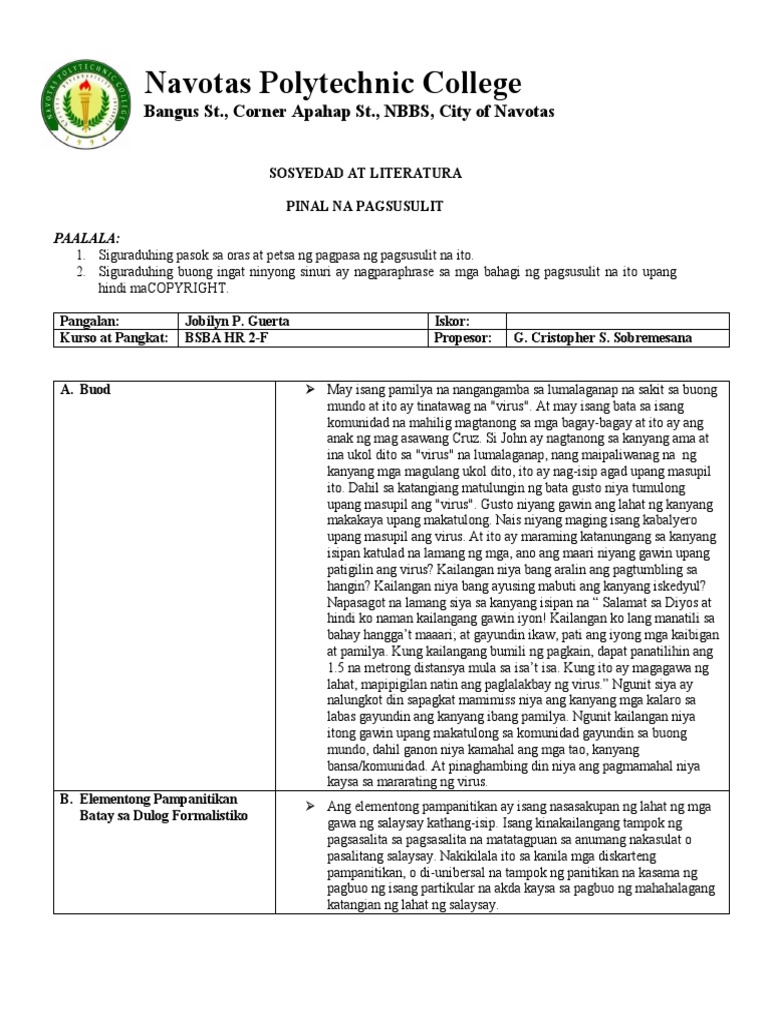 PINAL-NA-PAGSUSULIT-TEMPLATE (Christine Joy Dorotan) | PDF