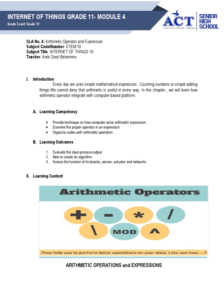 Internet of Things Grade 11 Module 4 | PDF | Boolean Data Type | Arithmetic