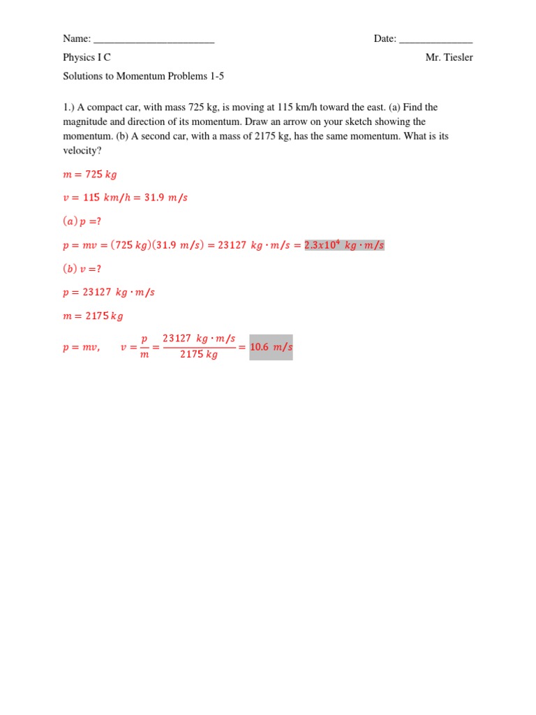 Solutions To Physics I C Momentum Problems 1-5 | PDF | Momentum | Force