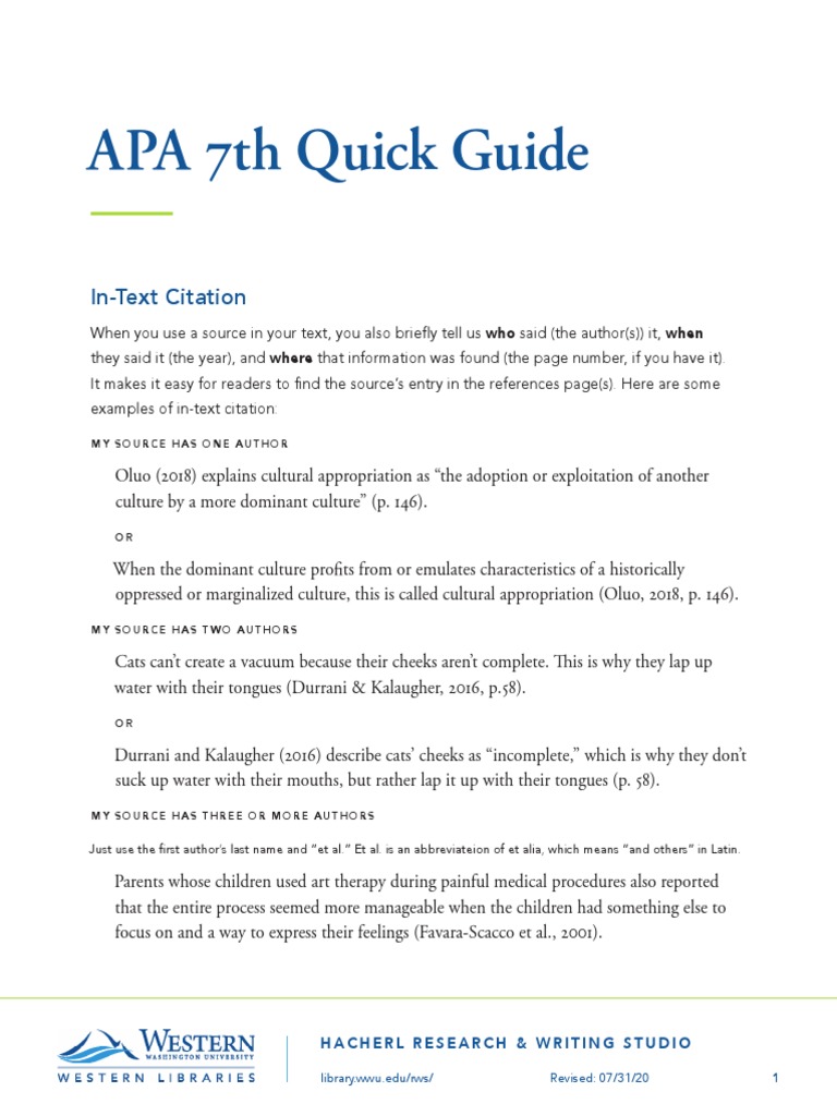APA 7th Quick Guide: In-Text Citation | PDF | Citation | Books