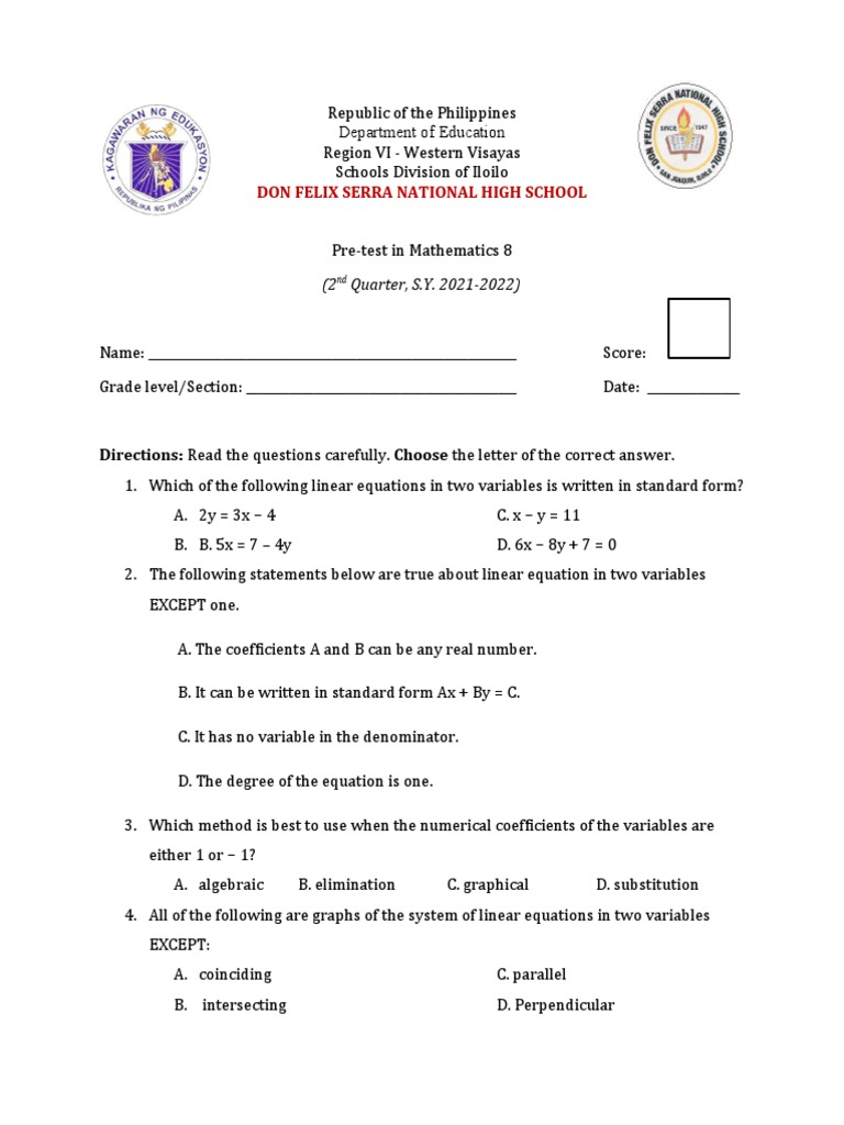 Pretest in Mathematics 8 | Download Free PDF | Equations | Slope