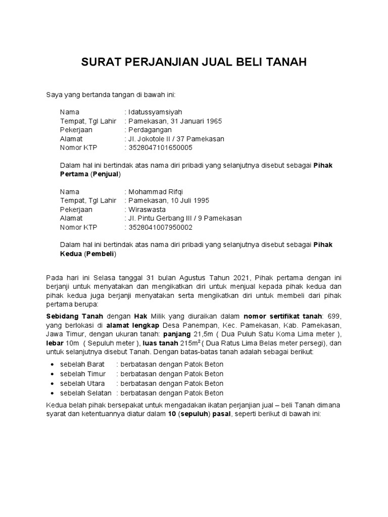 Akad Jual Beli Tanah antara Idatussyamsiyah dan Mohammad Rifqi PDF