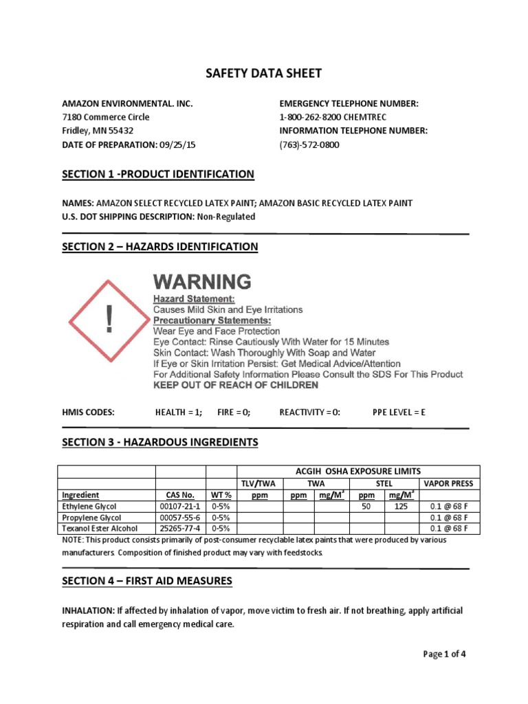 Recycled Latex Paint SDS PDF Safety Personal Protective Equipment