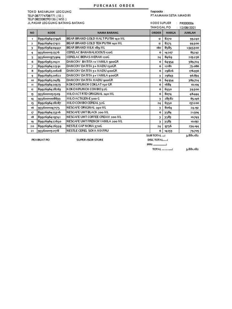 NO Kode Nama Barang Order Harga Jumlah | PDF | Nestlé | Malt