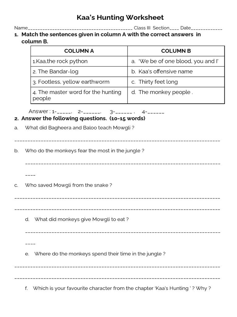 Kaa's Hunting Worksheet for Students | PDF | Teaching Methods & Materials