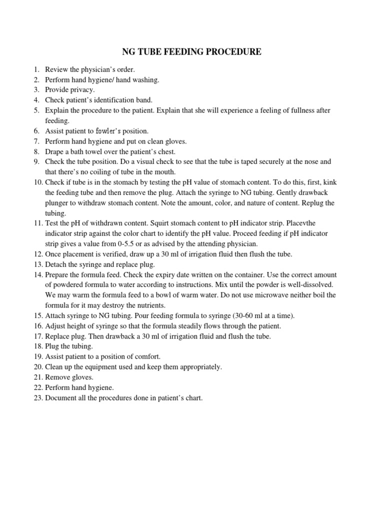 NG Tube Feeding Procedure | PDF