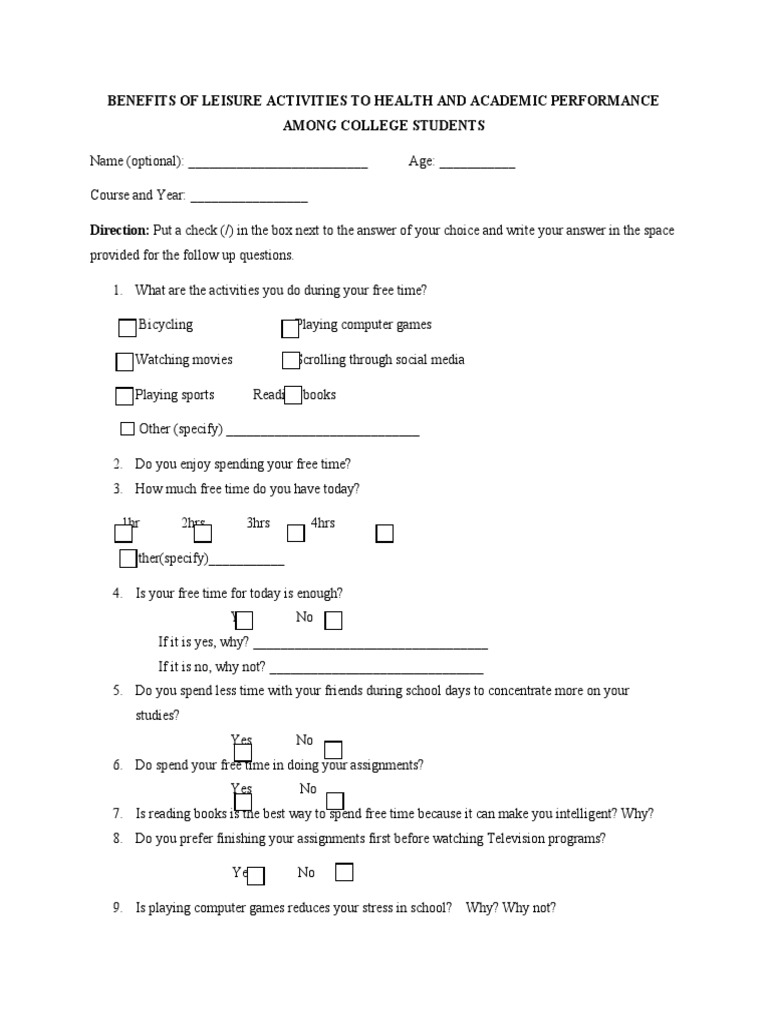 Benefits of Leisure Time Questionnaire PDF Leisure Psychological