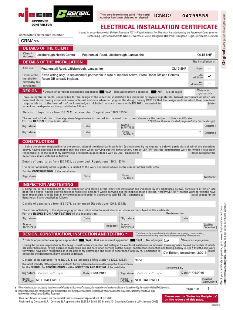 Electrical Inspection Certificate PDF Electricity Electrical