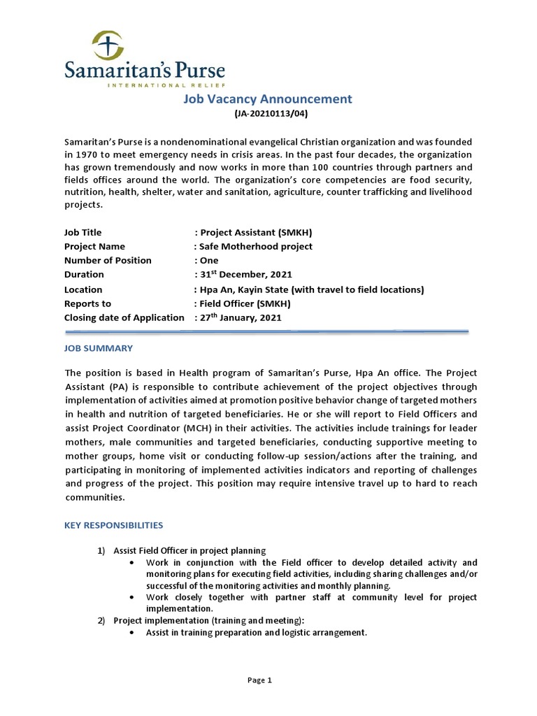 Project Assistant Job in Hpa An | PDF