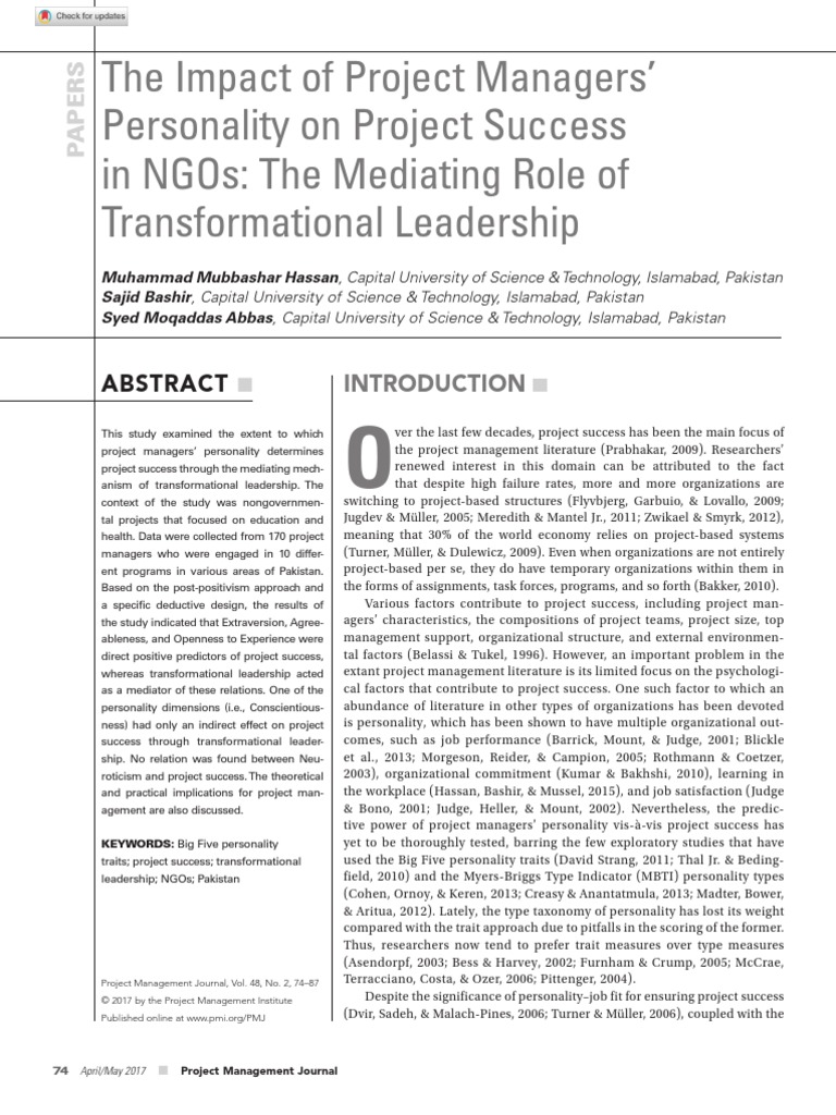 The Impact of Project Managers' Personality On Project Success in Ngos ...