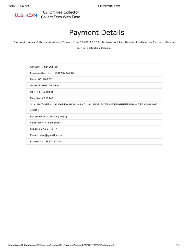 TCS iON Fee Payment Confirmation | PDF
