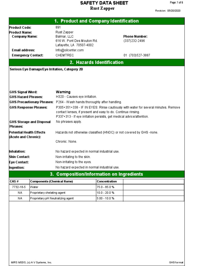 Rust Zapper Safety Data Sheet | PDF | Dangerous Goods | Carcinogen