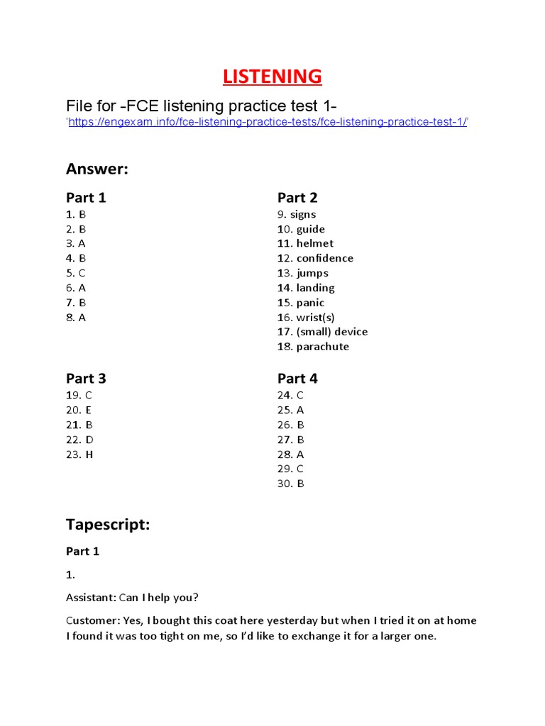 Fce Listening Practice Test 1 Pdf Teachers