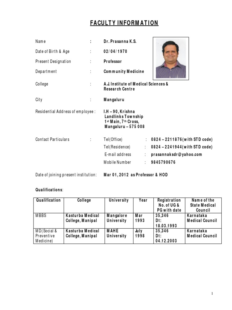 Dr. Prasanna K.S. - Faculty Profile | PDF | Health Sciences ...