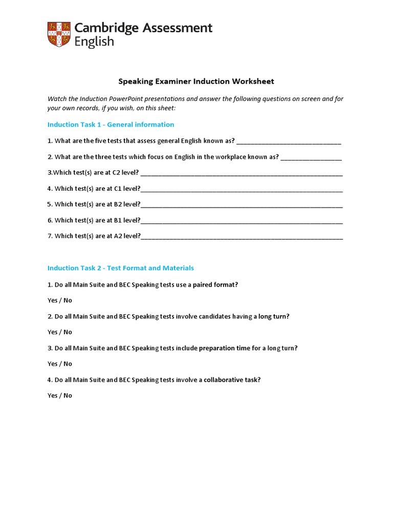 Speaking Examiner Induction Worksheet - Final Version | PDF ...