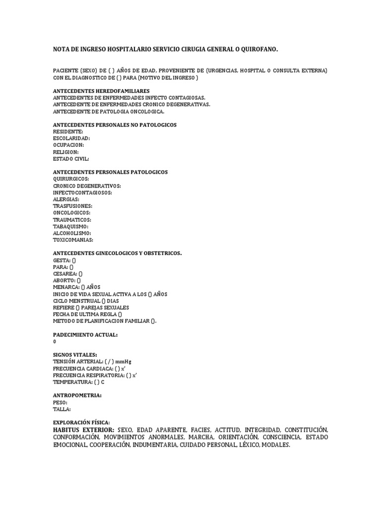 Nota de Ingreso Hospitalario Servicio Cirugia General Rosarito | PDF