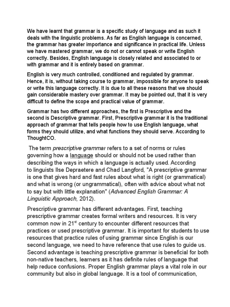 Prescriptive vs. Descriptive Grammar PDF Grammar Linguistics