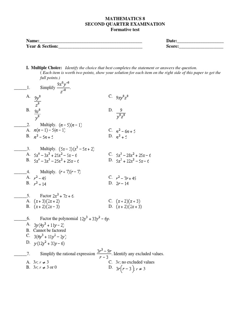 8th Grade Math Exam: Multiple Choice | PDF | Multiplication | Rational ...