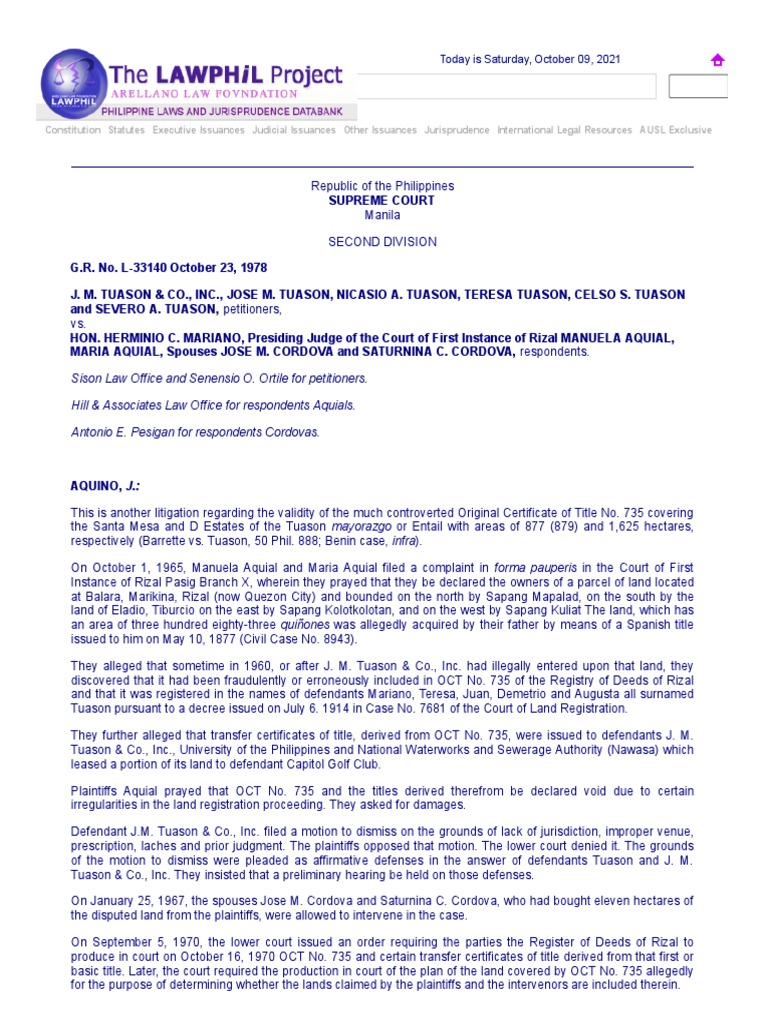 JM TUASON V MARIANO G.R. No. L-33140 | PDF | Lawsuit | Complaint