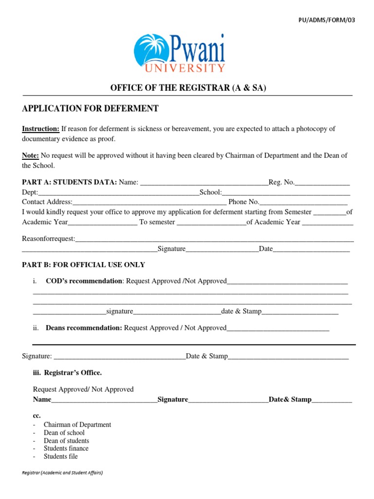 Office of The Registrar (A & Sa) Application For Deferment: PU/ADMS ...