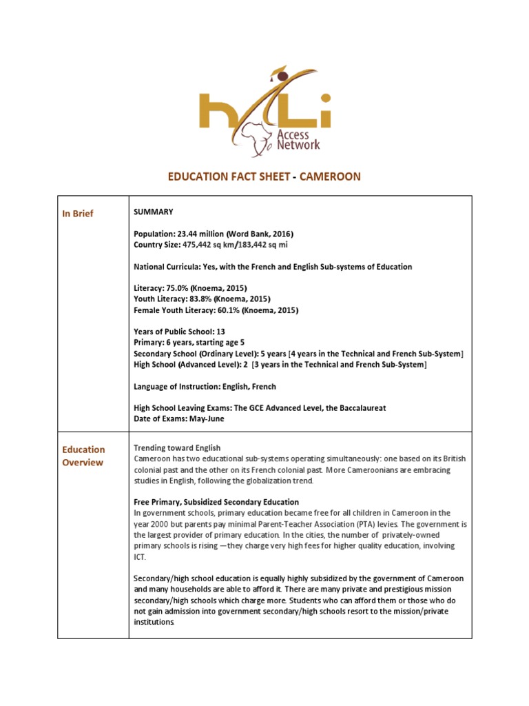 Cameroon Education Facts Sheet PDF Schools University And College