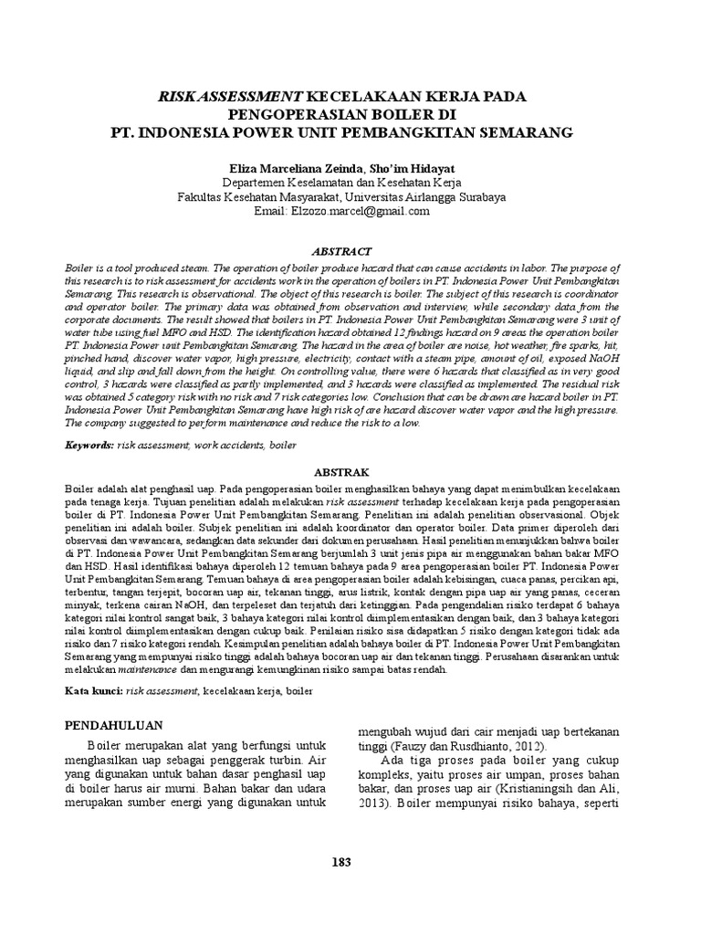 Id Risk Assessment Kecelakaan Kerja Pada Pe Pdf Peralatan Kimia