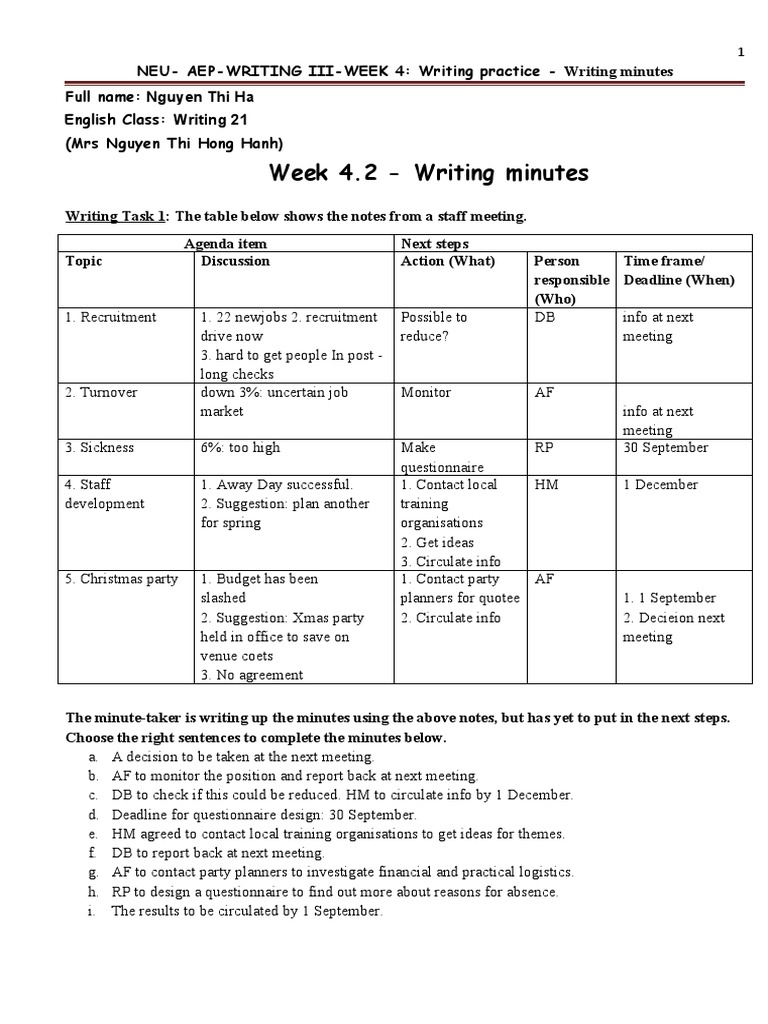 Writing Minutes for Staff Meetings | PDF