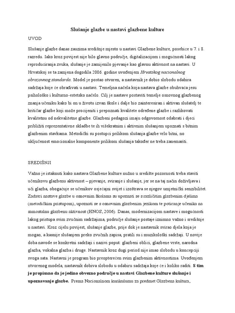Slušanje Glazbe U Nastavi Glazbene Kulture | PDF