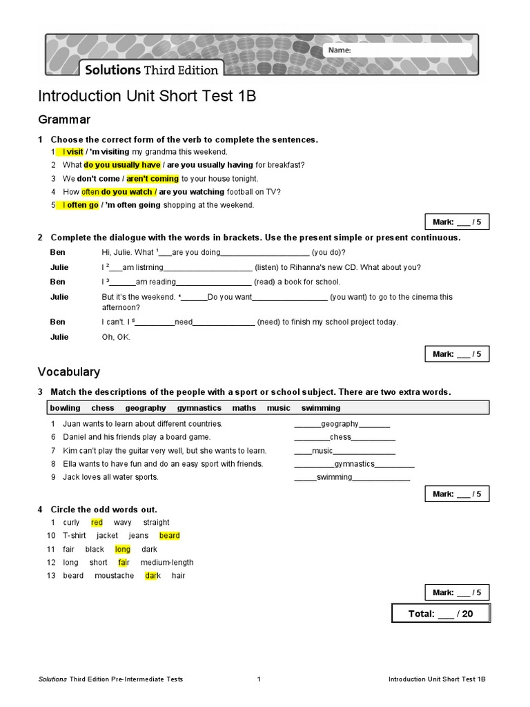 Introduction Unit Short Test 1B | PDF | Linguistics