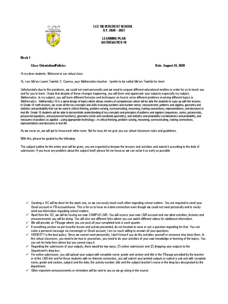 LCC Silvercrest School S.Y. 2020 - 2021 Learning Plan Mathematics 10 ...