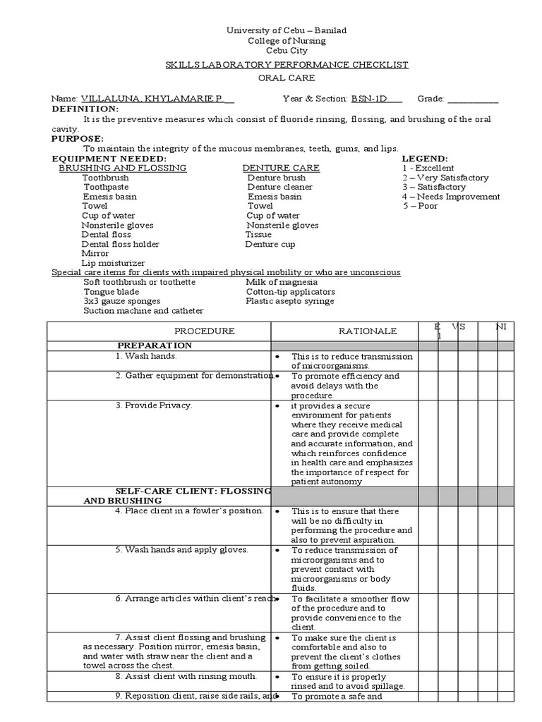 Oral Care Procedure Checklist | PDF | Oral Hygiene | Toothbrush