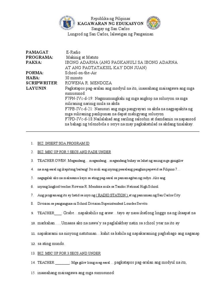 RBI - SCRIPT FILIPINO 7 - MODULE5 - Q4 - MODYUL 3-Owen - New-Part 1 | PDF